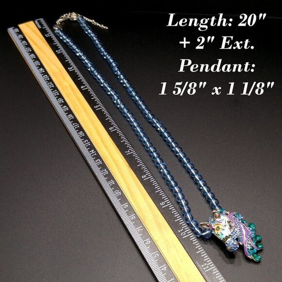 Vintage Rhinestone Enamel Horse Pendant Necklace Light Blue Beads 20 Inches - Picture 6 of 8